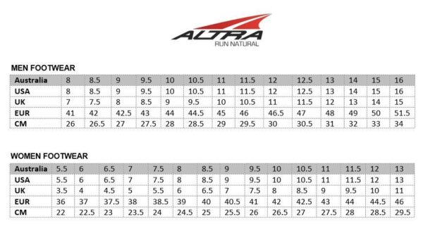 altra sizing altra sizing